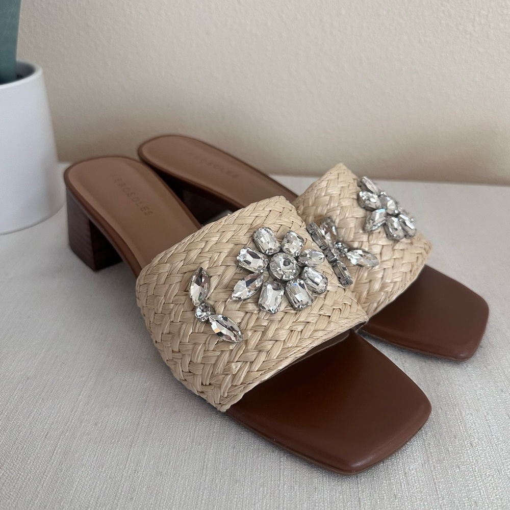 New Aerosoles Raffia Woven Crystals Heeled Slide Sandals Women’s 10.5M